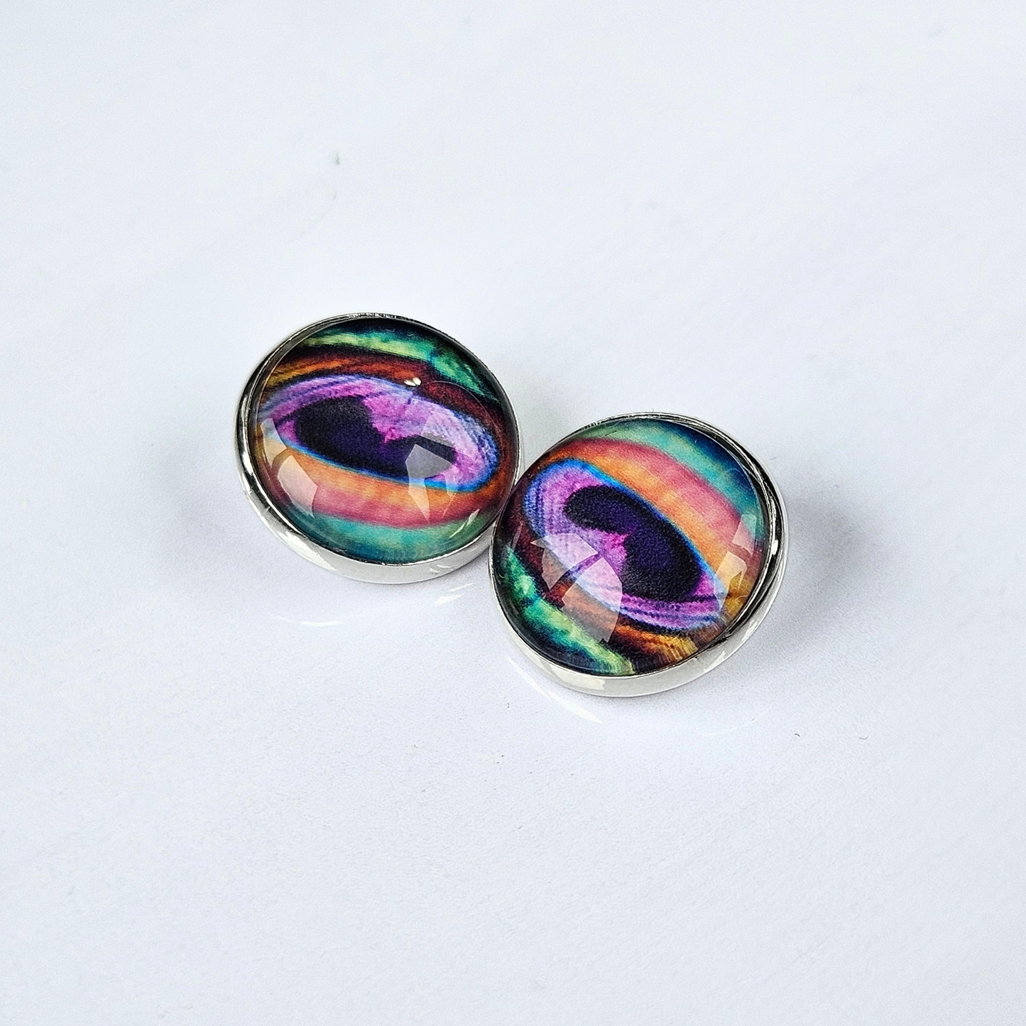 Peacock Feather Clip-On Stud Earrings | Close-Up Detail | Hypoallergenic