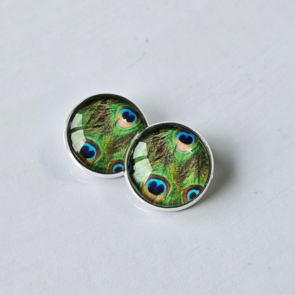 Peacock Feather Clip-On Stud Earrings | Glass Cabochon | Hypoallergenic