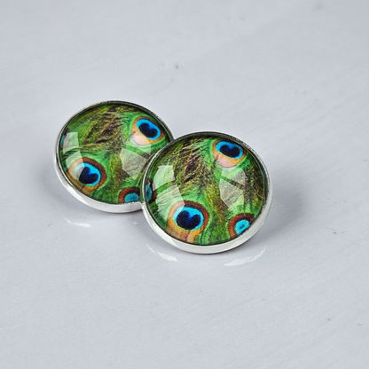 Peacock Feather Clip-On Stud Earrings | Glass Cabochon | Hypoallergenic