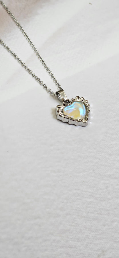 Y2K Silver Heart Necklace | Pink Crystal Pendant | Stainless Steel