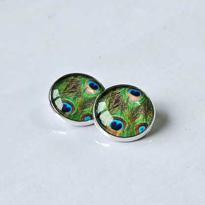 Peacock Feather Clip-On Stud Earrings | Glass Cabochon | Hypoallergenic