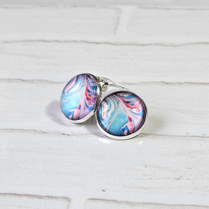 Pink & Blue Patterned Clip-On Earrings – 16mm Cabochon | Non-Pierced | Hypoallergenic