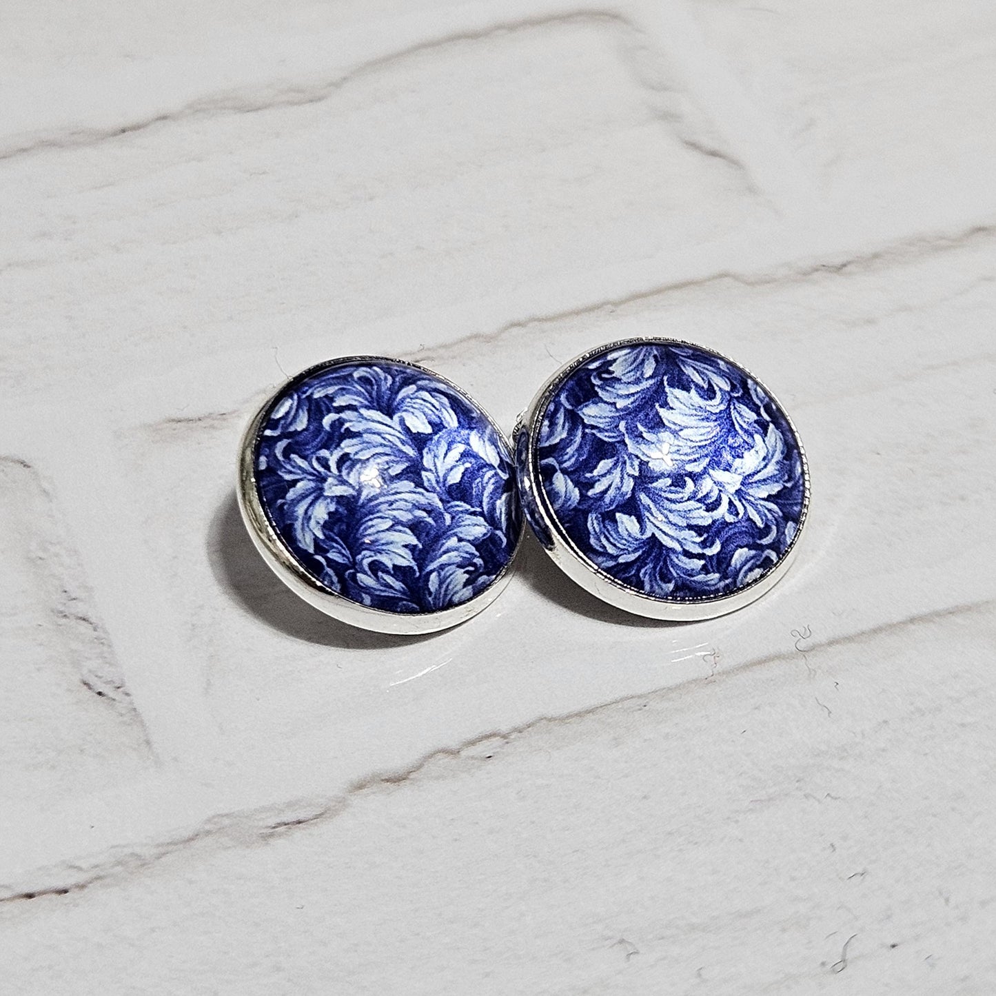 Blue Floral Clip On Earrings, Silver Tone Cabochon, Non Pierced