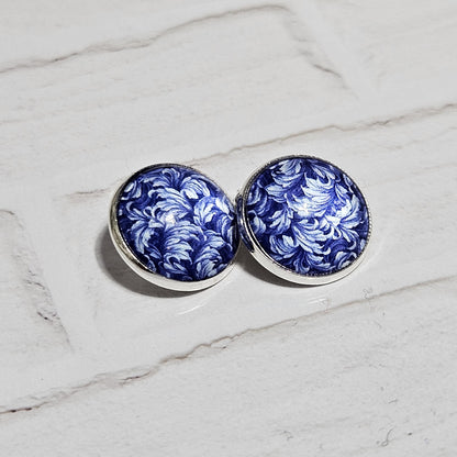 Blue Floral Clip On Earrings, Silver Tone Cabochon, Non Pierced