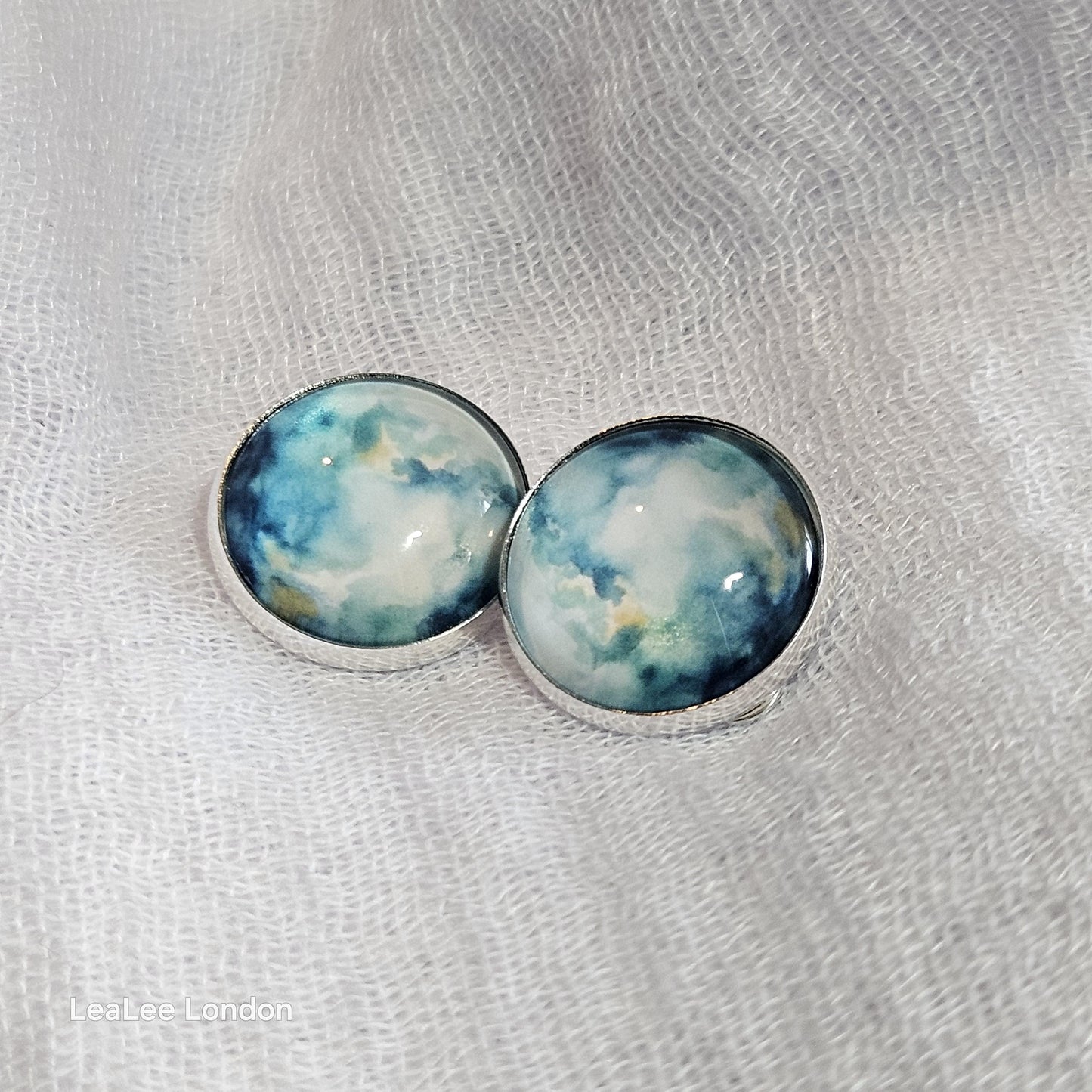 Blue Watercolor Clip On Earrings: Silver Tone, Non Pierced