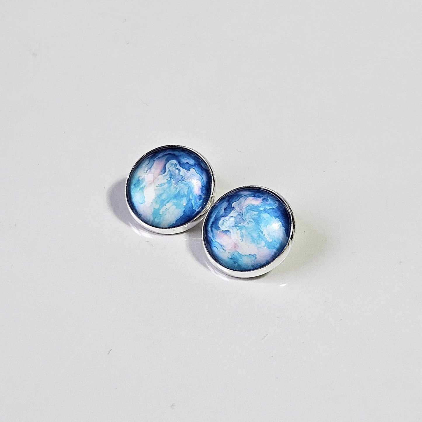 Blue Watercolour Silver Clip On Earrings, Non Pierced Stud Earrings, Handmade Cabochon, Lightweight Statement Jewellery
