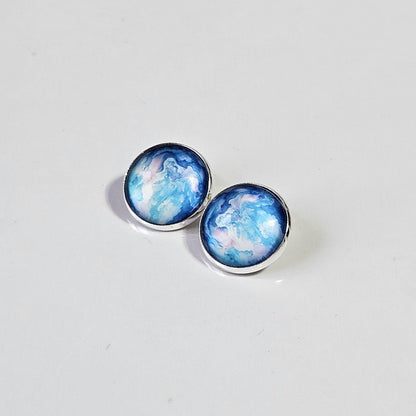 Blue Watercolour Silver Clip On Earrings, Non Pierced Stud Earrings, Handmade Cabochon, Lightweight Statement Jewellery