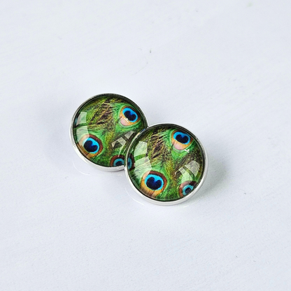 Peacock Feather Clip-On Stud Earrings | Glass Cabochon | Hypoallergenic