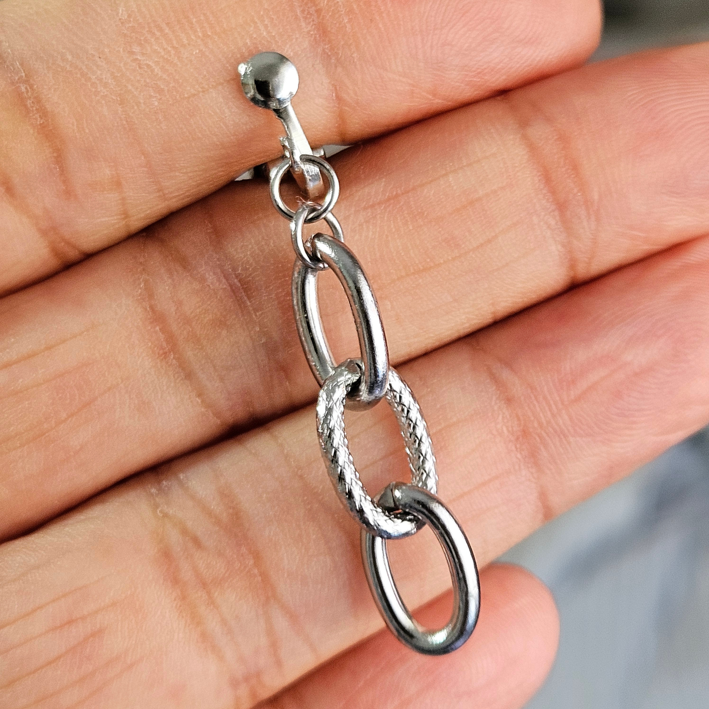 Silver Chain Hoop Clip-On Earrings | Hammered Mix Link Design