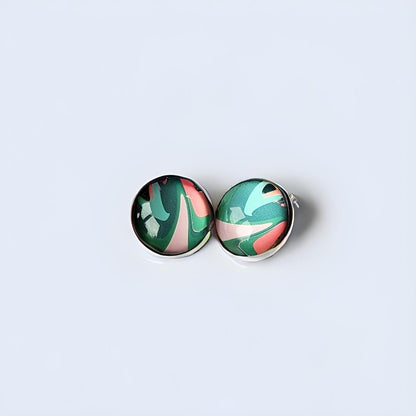 Pastel Patterned Clip On Earrings: Silver Tone Cabochon, Non-Pierced