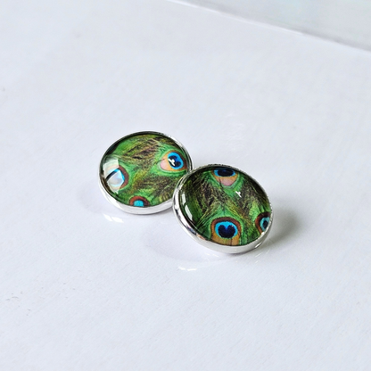 Peacock Feather Clip-On Stud Earrings | Glass Cabochon | Hypoallergenic