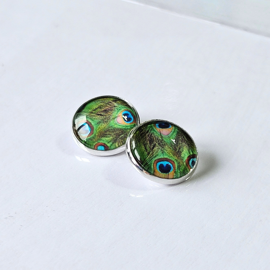 Peacock Feather Clip-On Stud Earrings | Glass Cabochon | Hypoallergenic