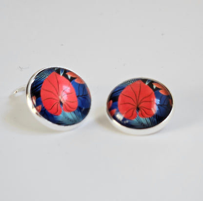 Red & Blue Floral Clip-On Earrings – 16mm Cabochon | Non-Pierced | Hypoallergenic