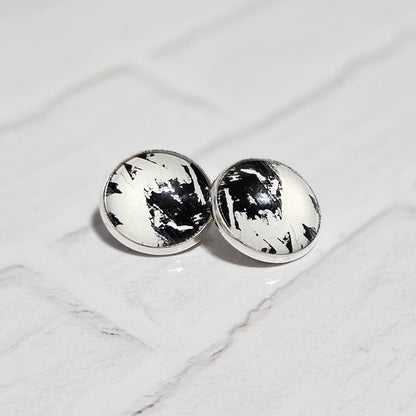 Silver Clip On Earrings: Retro Black & White Non Pierced Studs, Handmade Cabochon Non Piercing Jewellery