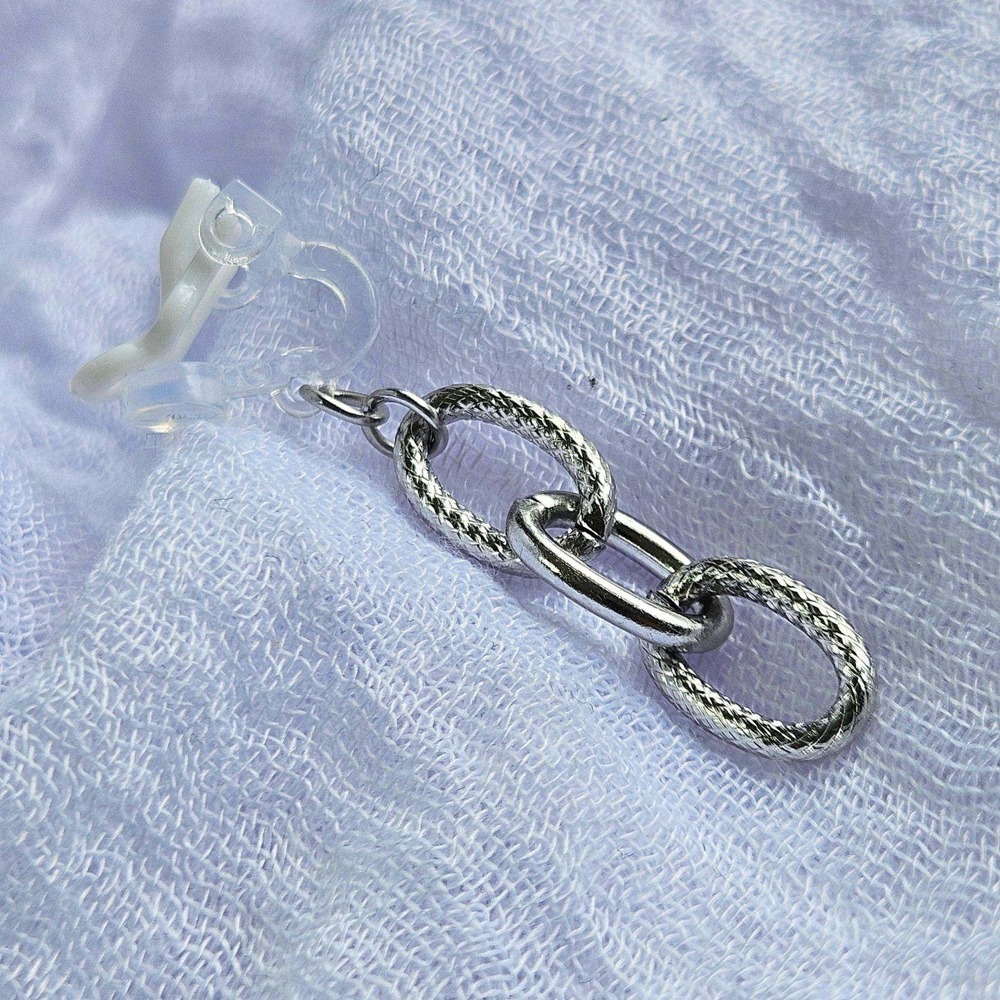 Silver Chain Hoop Clip-On Earrings | Hammered Mix Link Design
