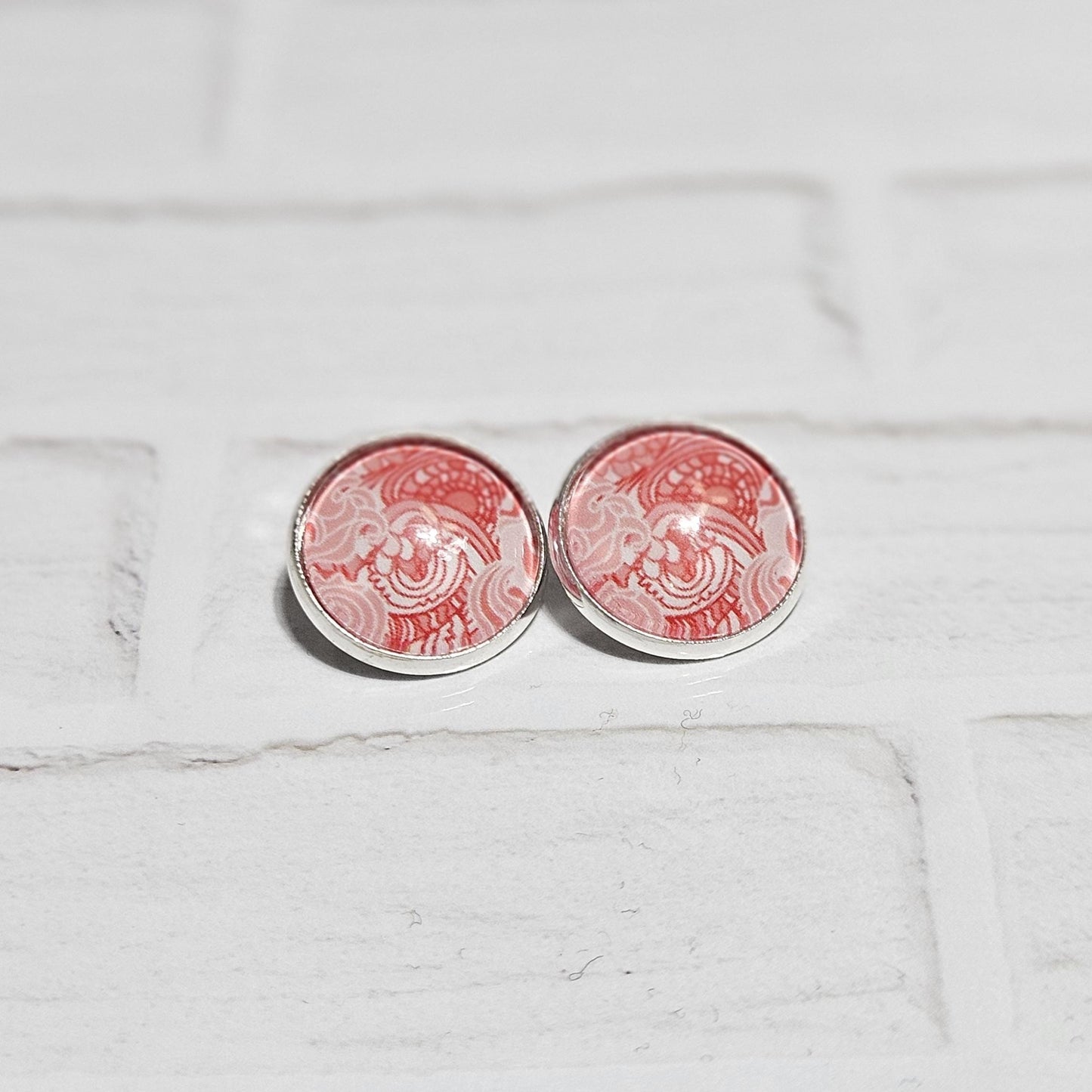 Red Cabochon Clip-On Earrings | Silver Tone Huggie Style | Non-Pierced
