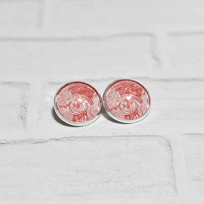 Red Cabochon Clip-On Earrings | Silver Tone Huggie Style | Non-Pierced