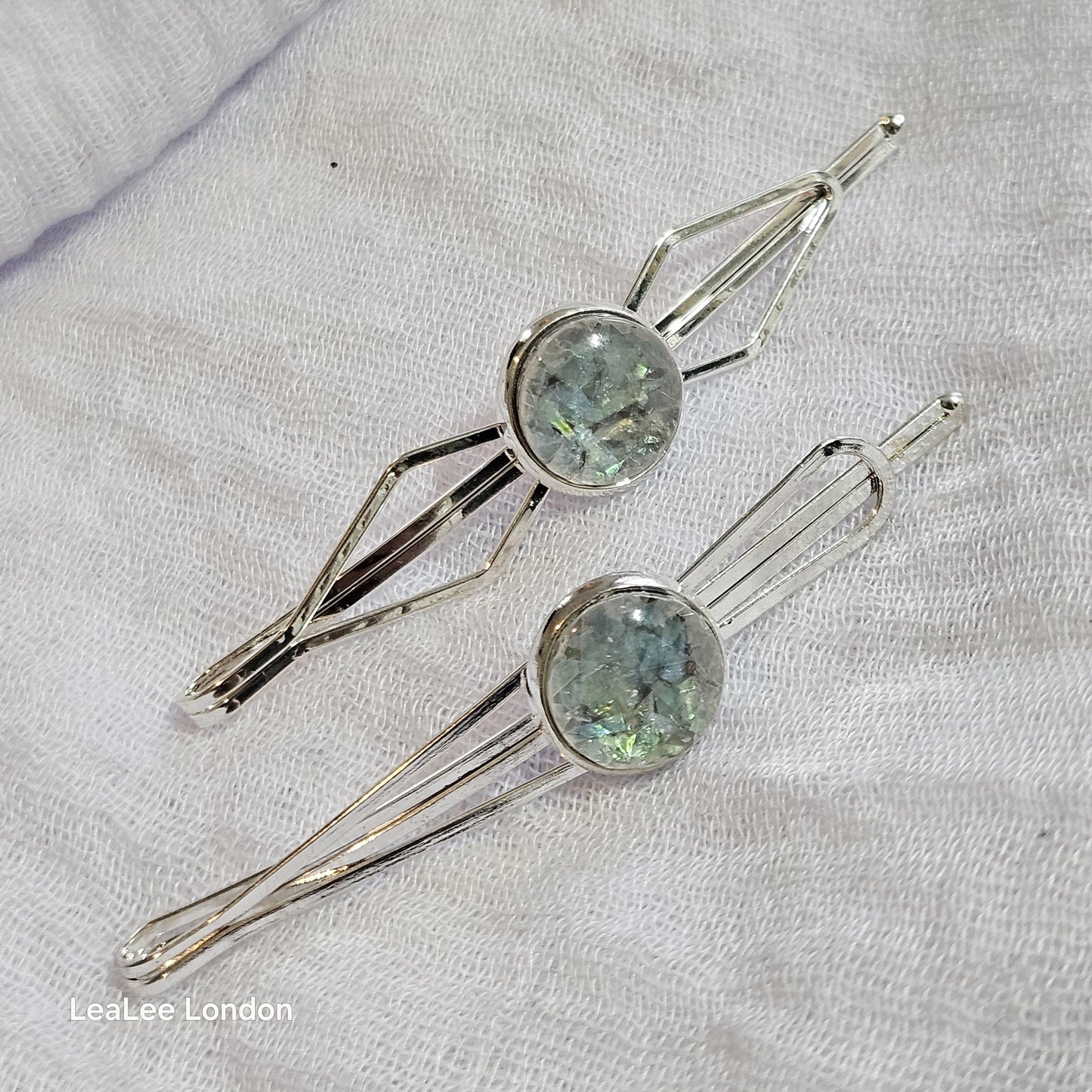 Iridescent Cabochon Hair Slides: Silver Hair Pins (Set of 2)