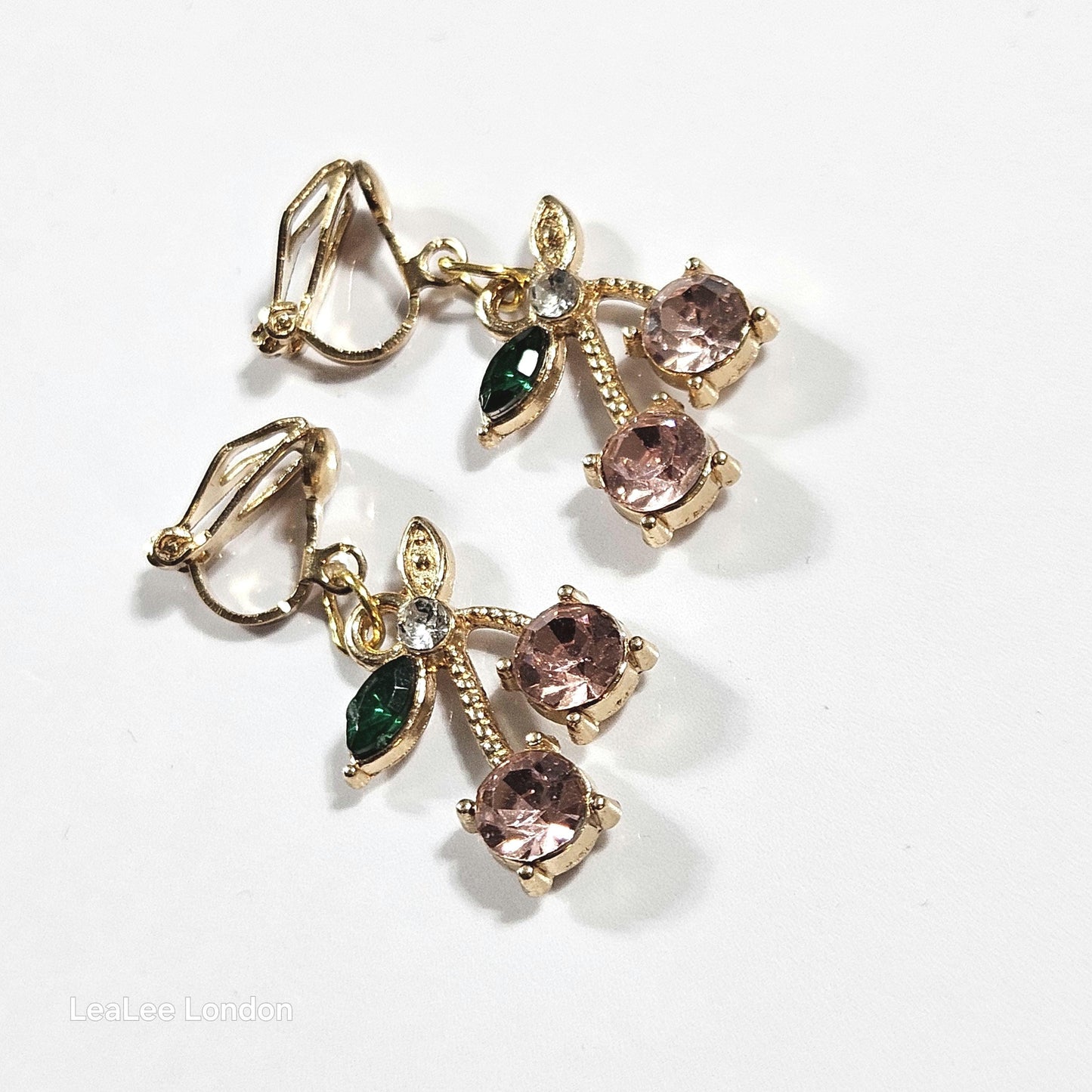 Gold Cherry Clip On Earrings, Sparkly Crystal Fruit Dangles, No Pierce Jewelry for Women, Cute Pink Blue Purple Cherry Drop Earrings