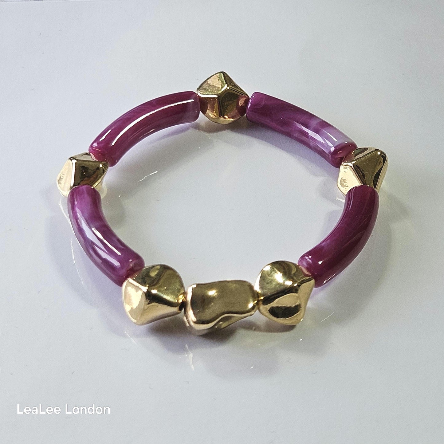 Elastic beaded bangle Bracelet, 2 set Gold detail Bracelet for women, Purple pink and gold bracelet set