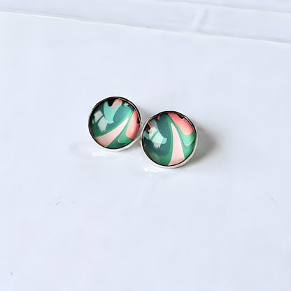 Pastel Patterned Clip On Earrings: Silver Tone Cabochon, Non-Pierced