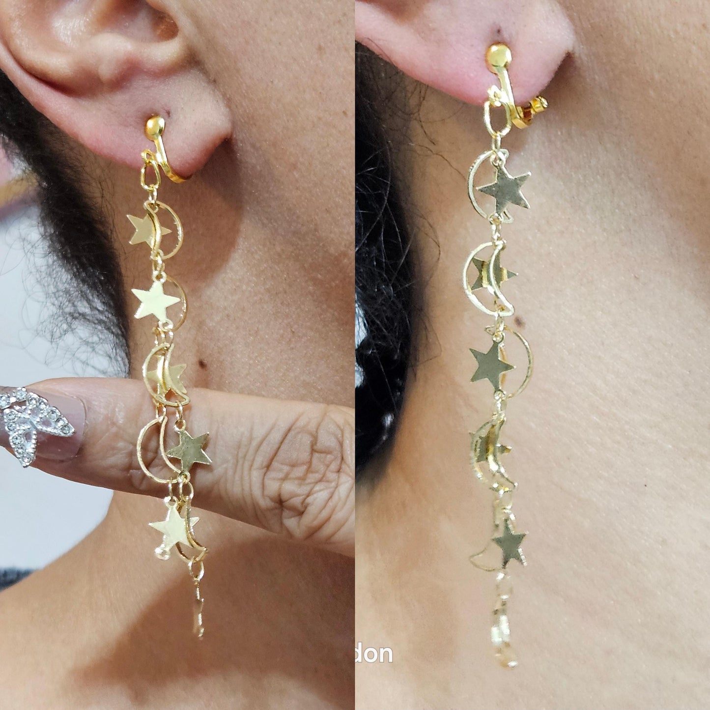 Celestial Clip On Earrings, Moon and Star Dangle, No Pierce