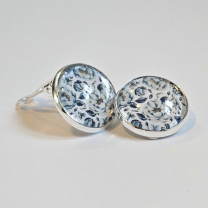 Blue Floral Clip-On Earrings – 16mm Cabochon | Non-Pierced | Hypoallergenic