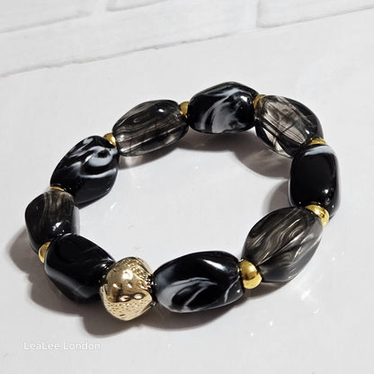 Elastic Black and Gold Bracelet, Stacking Large Acrylic Jewellery