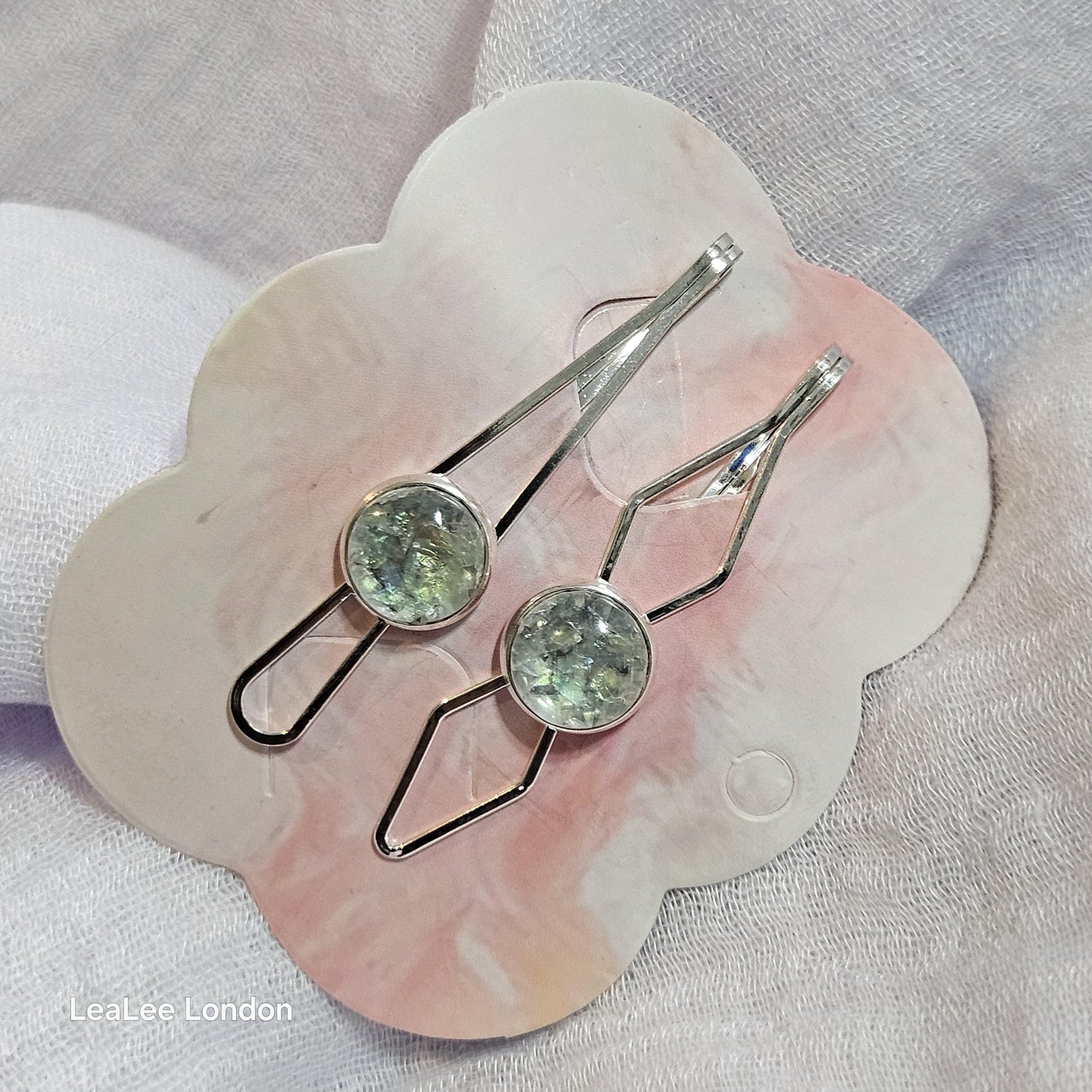 Iridescent Cabochon Hair Slides: Silver Hair Pins (Set of 2)