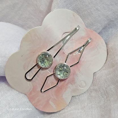 Iridescent Cabochon Hair Slides: Silver Hair Pins (Set of 2)
