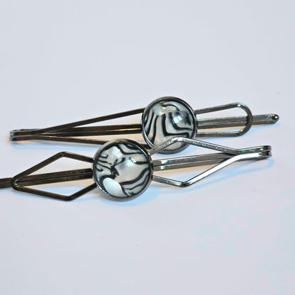 Black Bobby Pin Set of 2, Handmade Striped Cabochon Hair Accessory, Minimal Hair Accessory