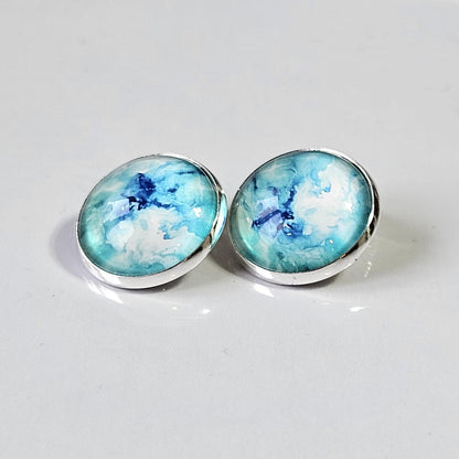 Blue Watercolour Clip-On Earrings – 16mm Cabochon | Non-Pierced | Hypoallergenic