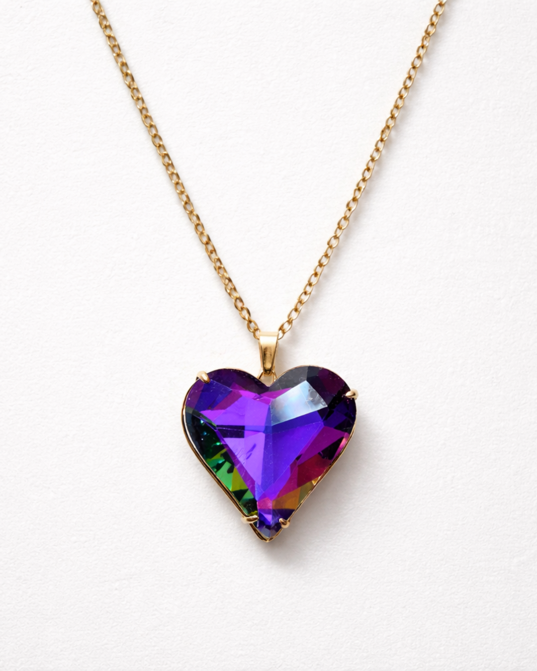Gold Glass Heart Necklace | Blue, Green or Purple | Stainless Steel Chain