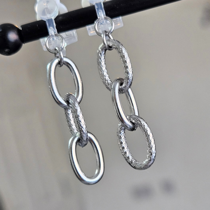 Silver Chain Hoop Clip-On Earrings | Hammered Mix Link Design