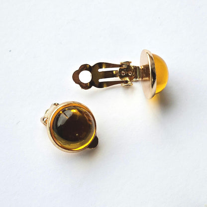 Yellow Resin Clip-On Earrings – 12mm Cabochon | Non-Pierced | Rose Gold Tone