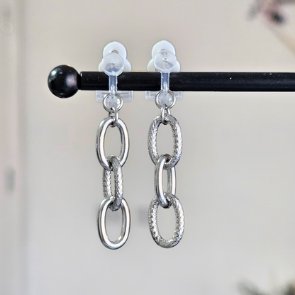Silver Chain Hoop Clip-On Earrings | Hammered Mix Link Design