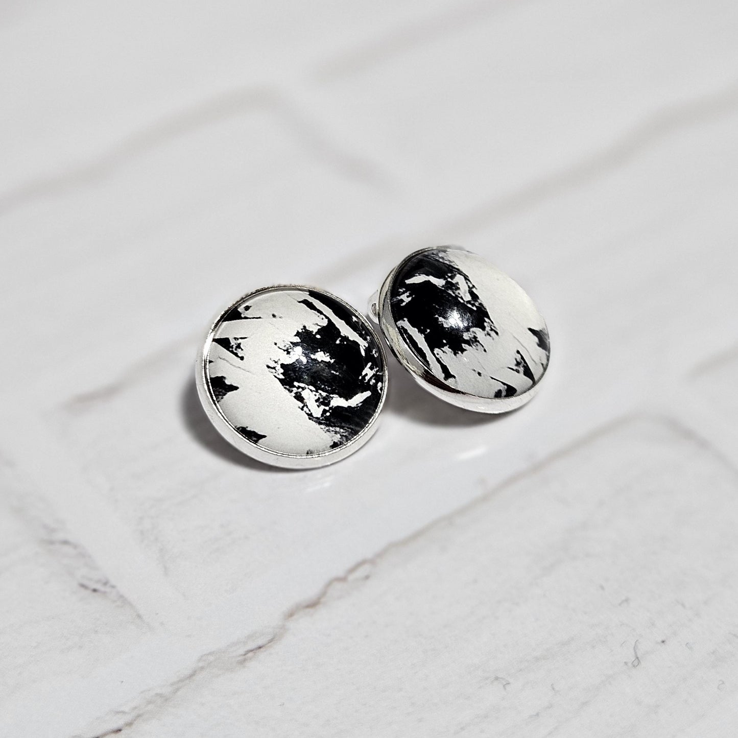 Silver Clip On Earrings: Retro Black & White Non Pierced Studs, Handmade Cabochon Non Piercing Jewellery