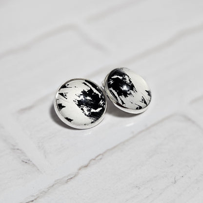 Silver Clip On Earrings: Retro Black & White Non Pierced Studs, Handmade Cabochon Non Piercing Jewellery