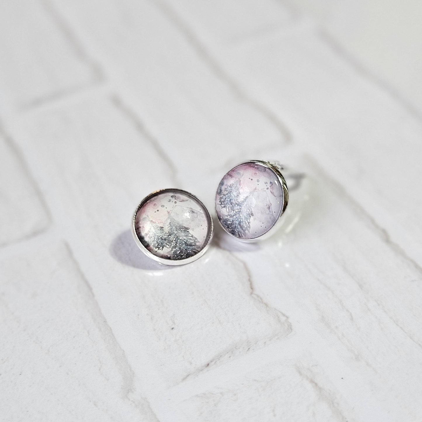 Pine Tree Watercolour Clip-On Earrings – 16mm Cabochon | Non-Pierced | Hypoallergenic