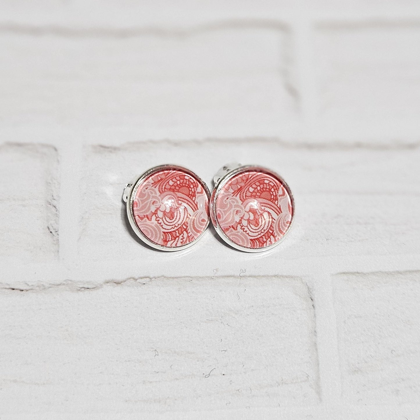 Red Cabochon Clip-On Earrings | Silver Tone Huggie Style | Non-Pierced