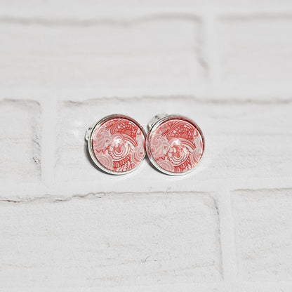 Red Cabochon Clip-On Earrings | Silver Tone Huggie Style | Non-Pierced