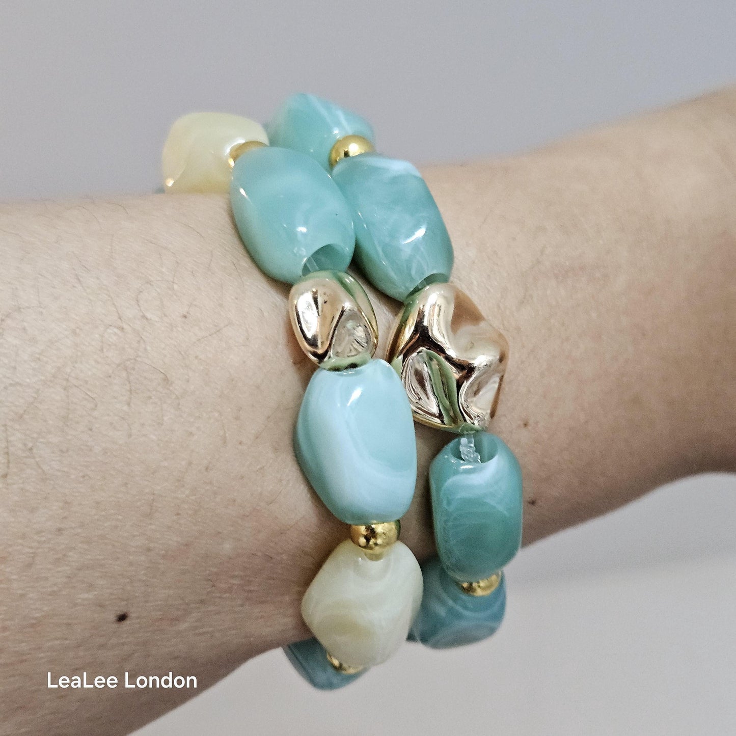 Boho Green Elastic Beaded Bracelet, Chunky Stacking Jewellery for women