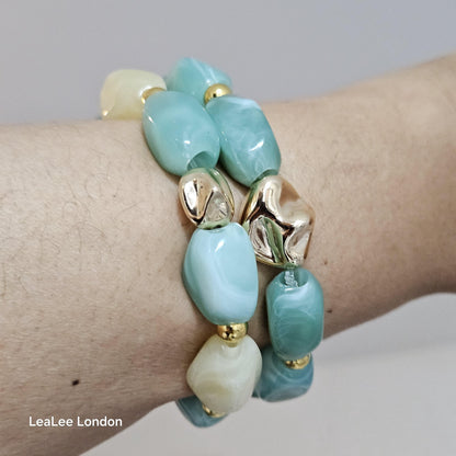 Boho Green Elastic Beaded Bracelet, Chunky Stacking Jewellery for women