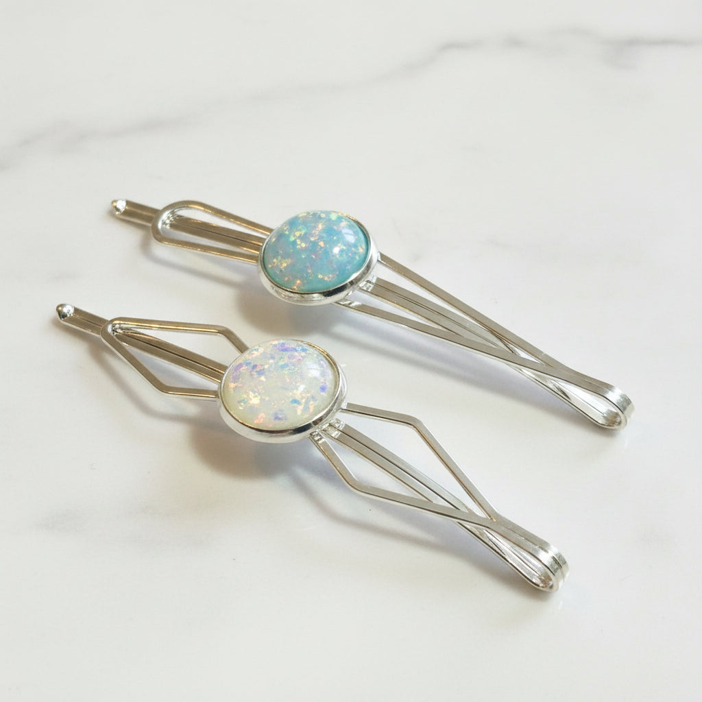 Black Bobby Pin Set of 2, Handmade Iridescent Cabochon Hair Accessory, Minimal Hair Accessory