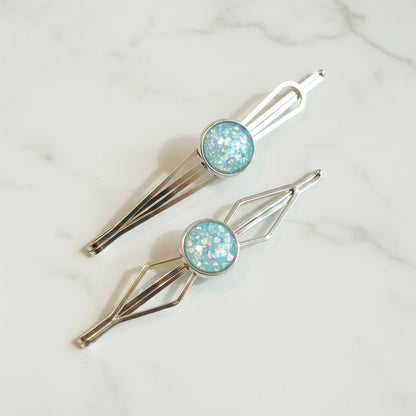 Black Bobby Pin Set of 2, Handmade Iridescent Cabochon Hair Accessory, Minimal Hair Accessory