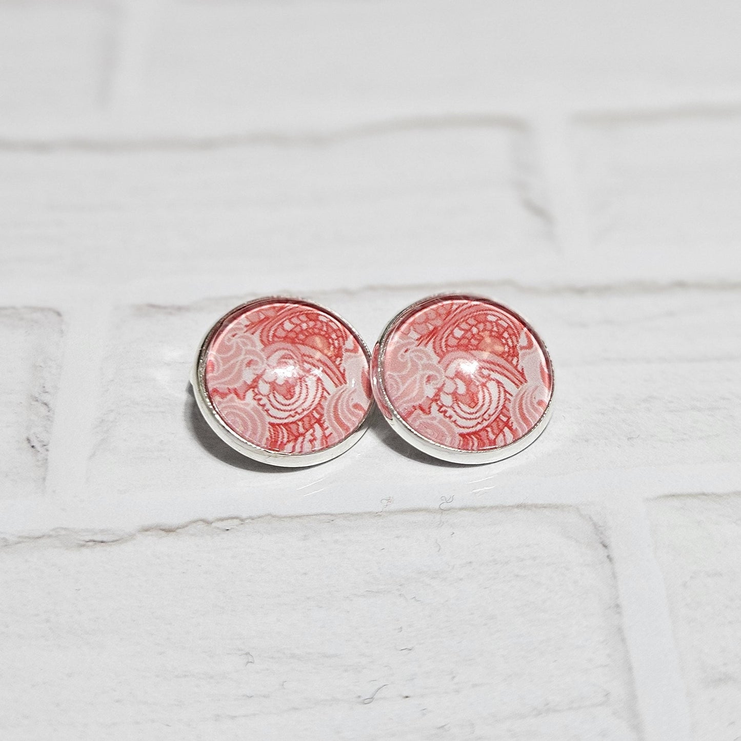 Red Cabochon Clip-On Earrings | Silver Tone Huggie Style | Non-Pierced
