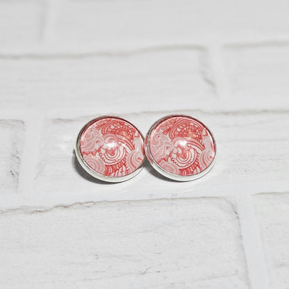 Red Cabochon Clip-On Earrings | Silver Tone Huggie Style | Non-Pierced