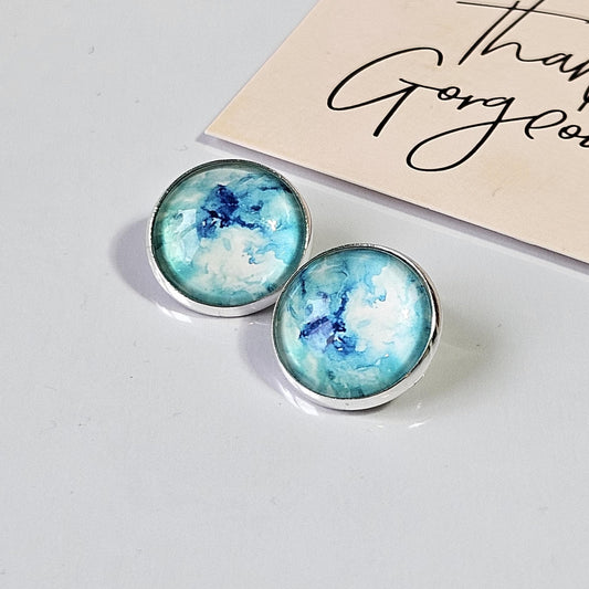 Blue Watercolour Clip-On Earrings – 16mm Cabochon | Non-Pierced | Hypoallergenic