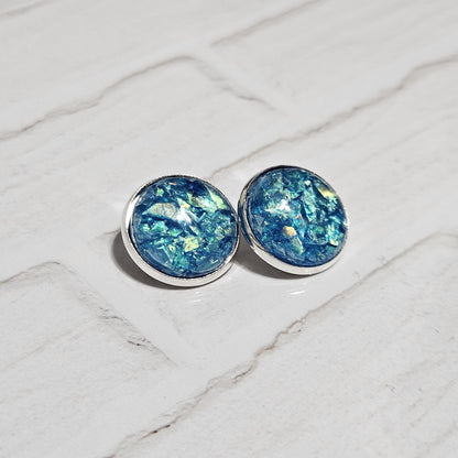 Iridescent Cabochon Clip-On Earrings in Silver Tone