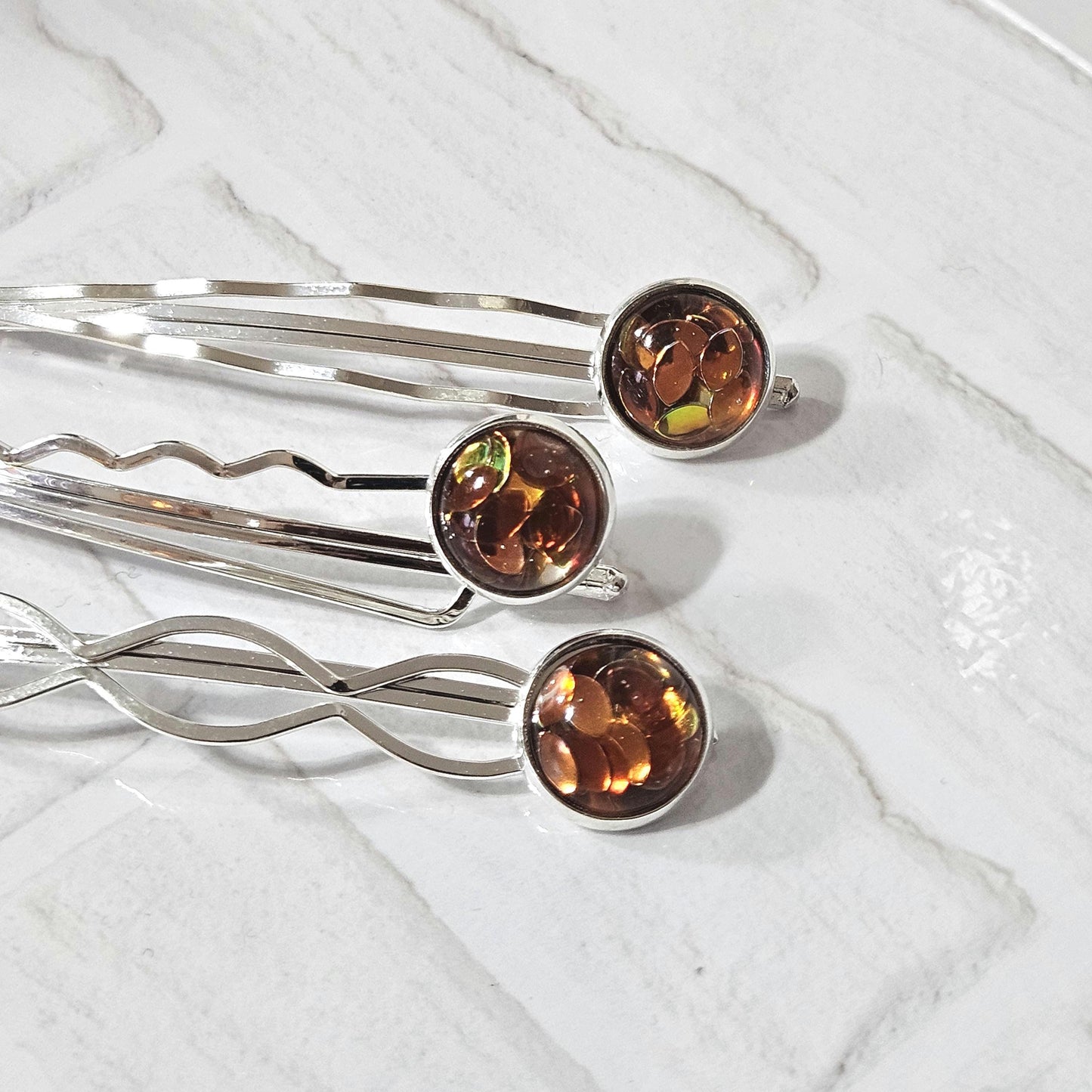 Silver Bobby Pin Set of 3, iridescent Cabochon Hair Pins, Minimal Hair Accessories